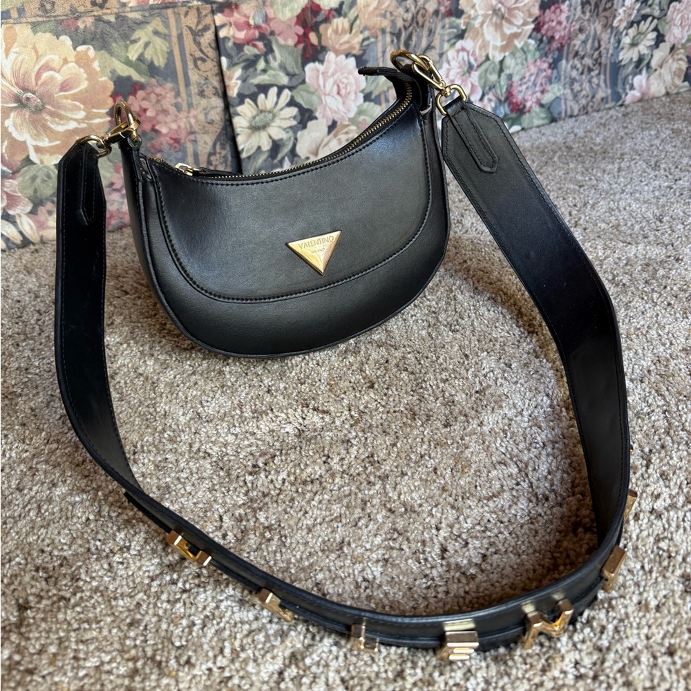 Mario Valentino Black Shoulder Bag with Gold Accents